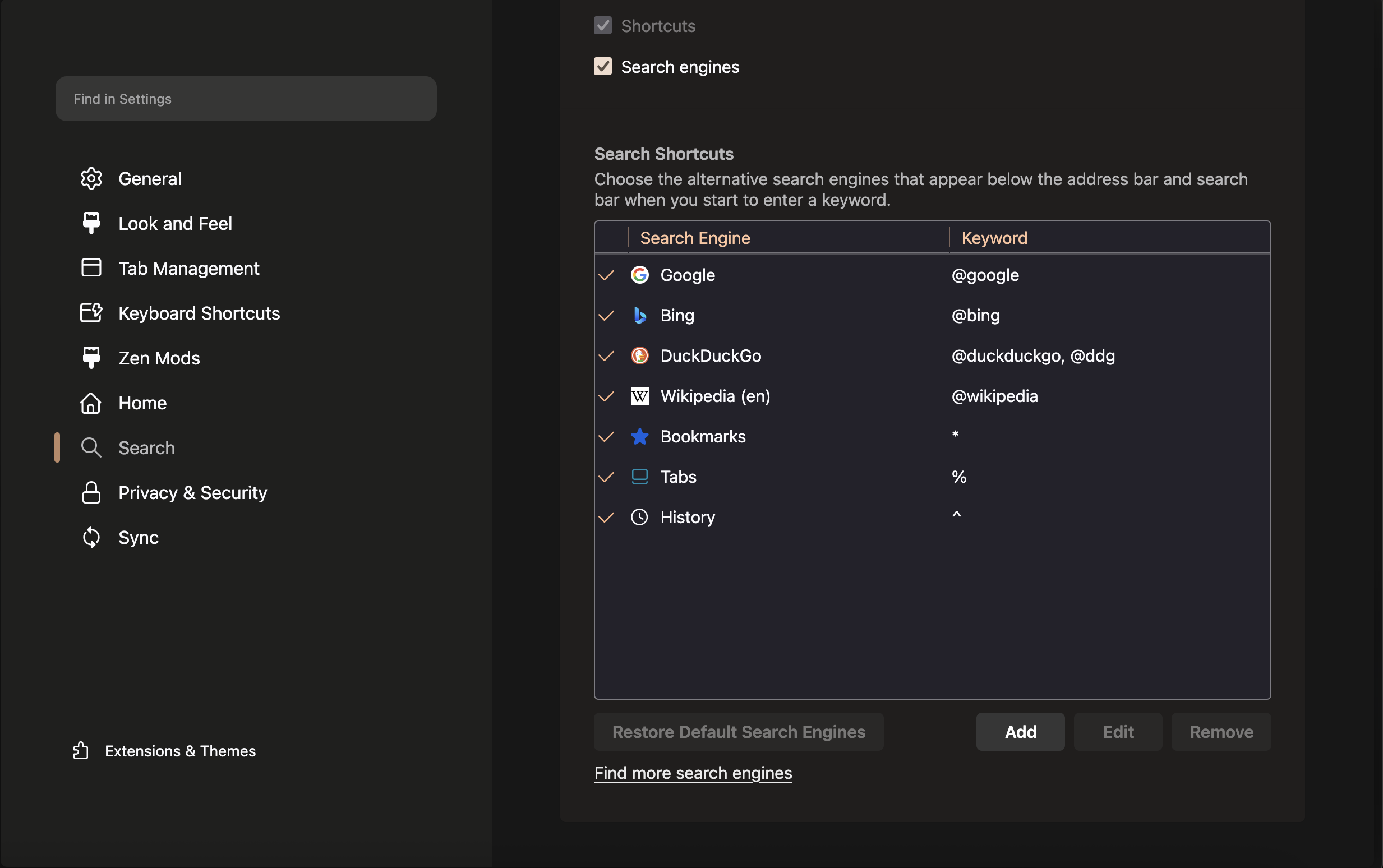 Search Shortcuts Menu