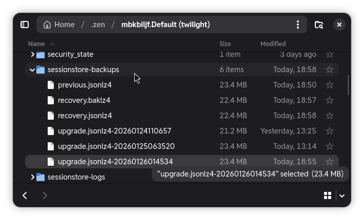 File manager showing a Zen profile root directory with sessionstore-backups folder expanded, containing backups of saved sessions