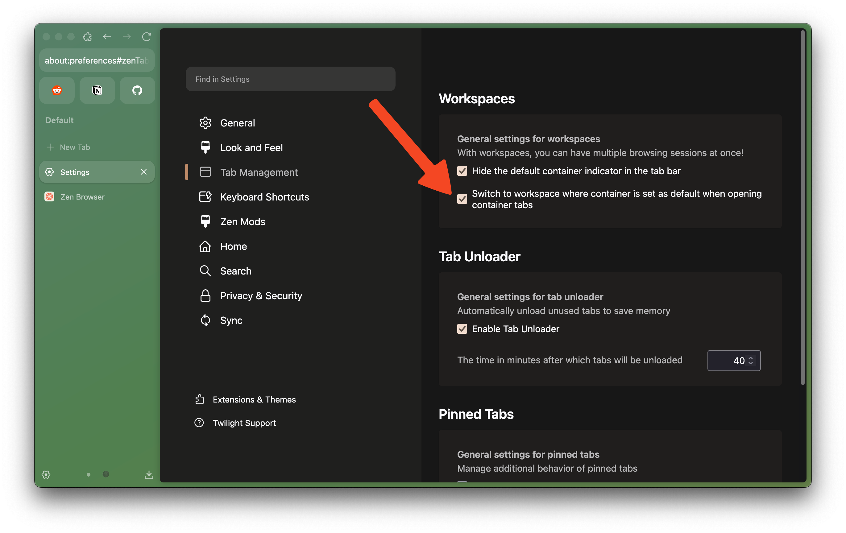 Switch to workspace where container is set as default when opening container tabs