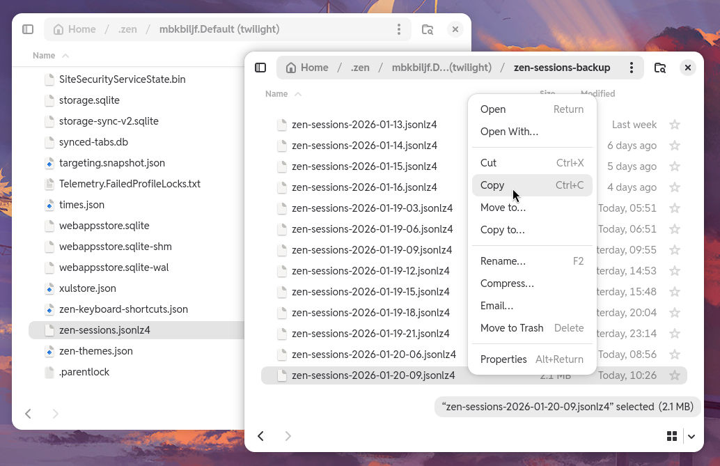 Two windows of file managers showing a Zen profile root directory and its zen-session-backup folder, containing regular backups of saved sessions